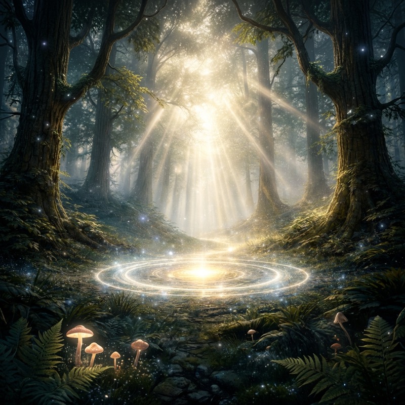 Forêt mystique avec énergie spirituelle lumineuse — voyance, numérologie et soins énergétiques Lahochi